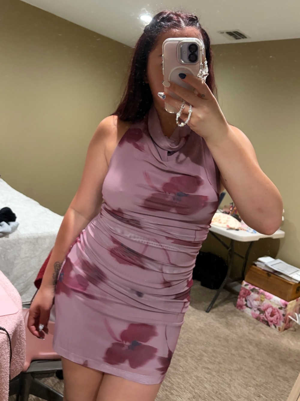 Dynamite Lilac Halter Mini Dress with Plum Floral Accents